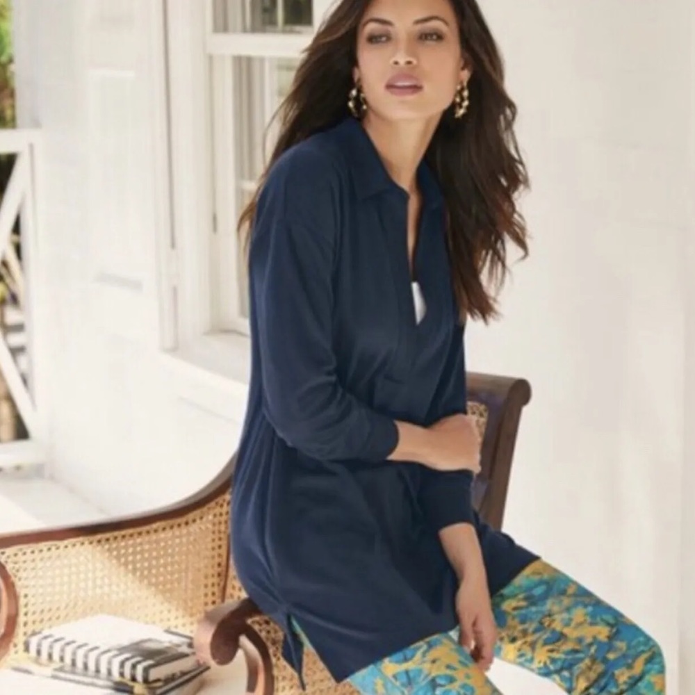 Navy Blue SOFT SURROUNDINGS Adventura Knit Polo Tunic Top Size M Petite